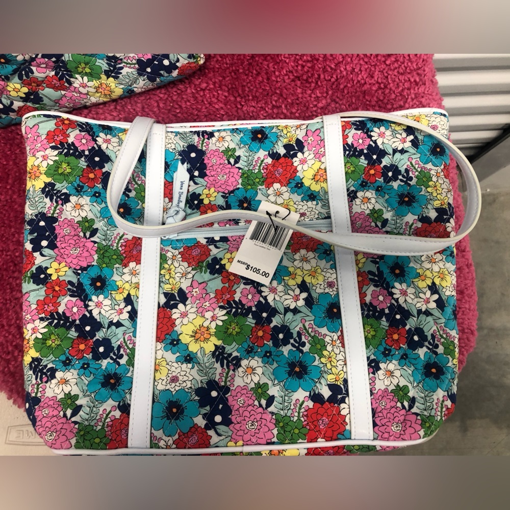 Vera Bradley Small Tote Bag - Far Out Floral with White Trim, handles.